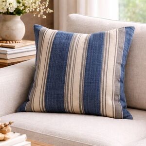 Pottery Barn Blue Stripe Cotton Pillow Cover 22x22 French Farmhouse